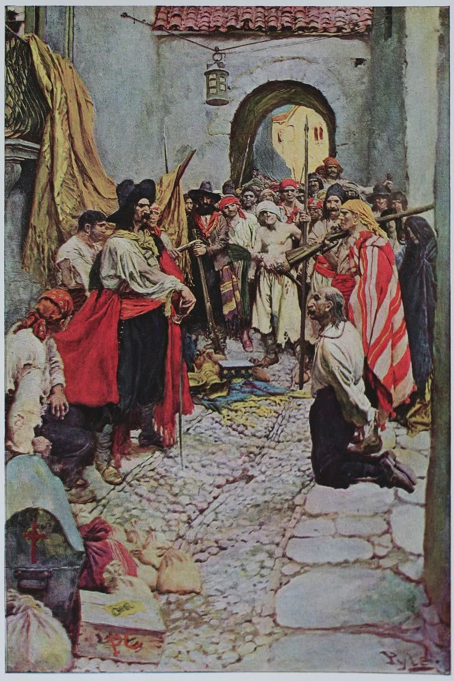 Piraten in einer alten Hafenstadt — gemeinfreies Gemälde von Howard Pyle