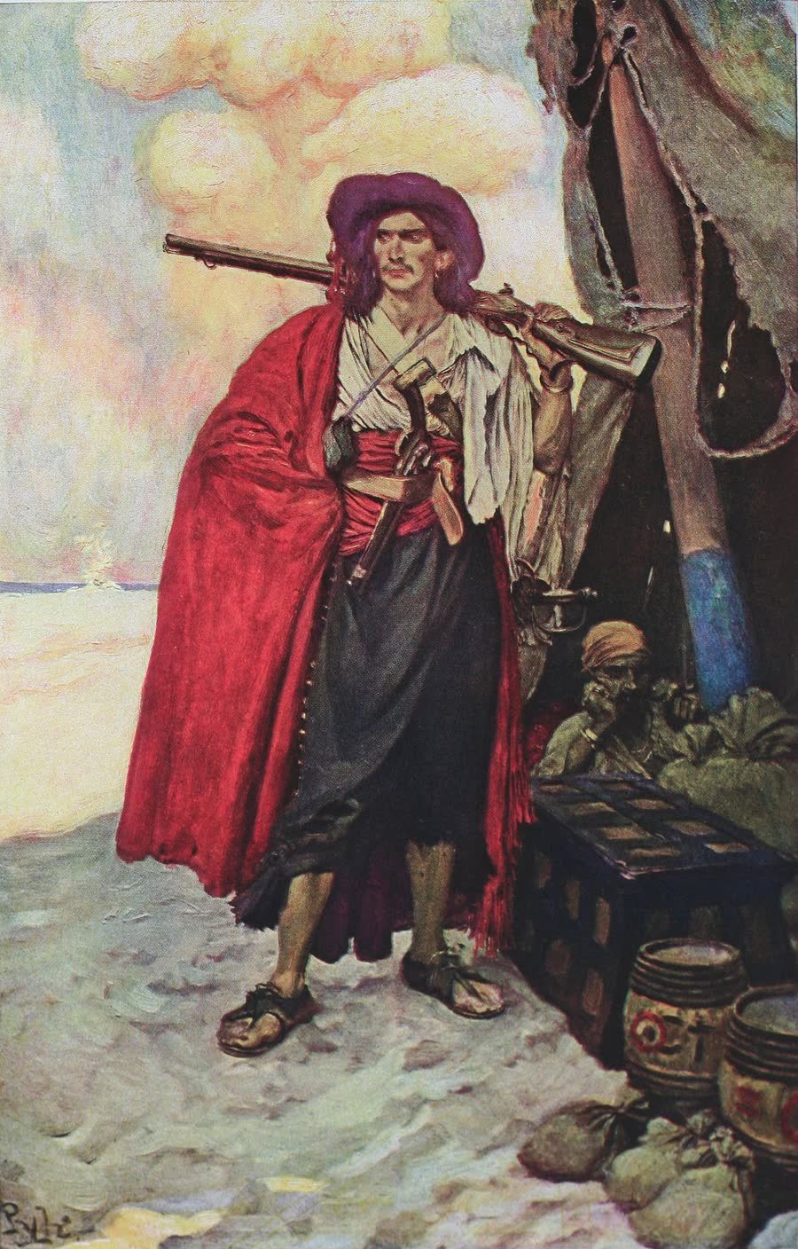 Stolzer Piratenkapitän am Strand mit Schatztruhen — Gemälde von Howard Pyle